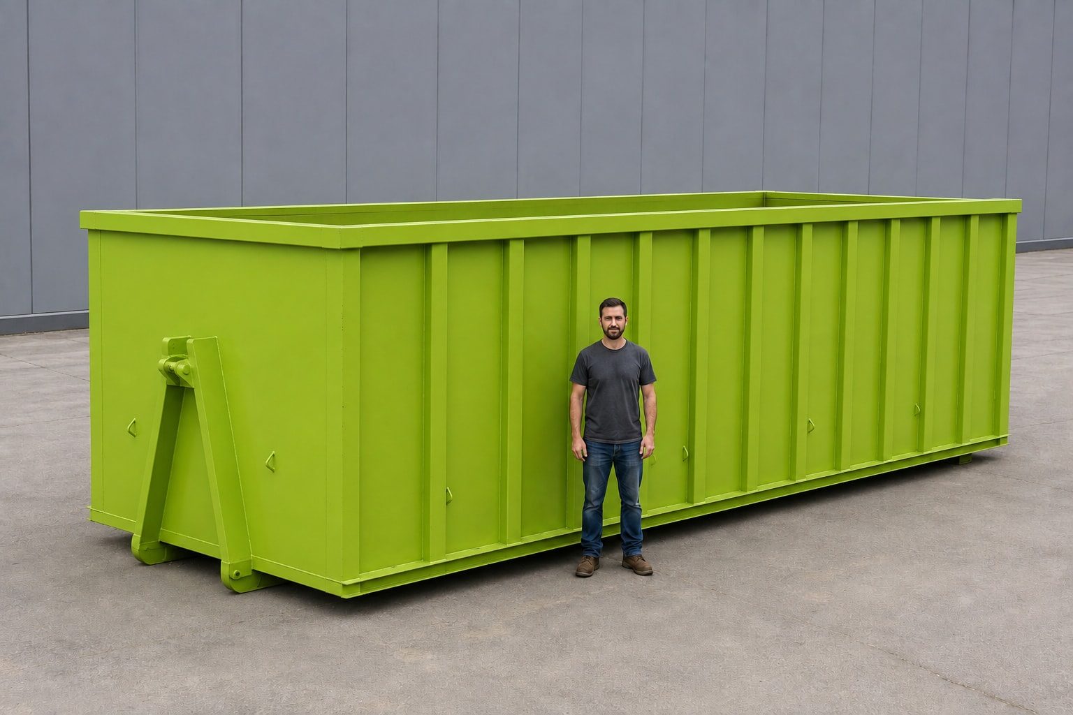 Lime green 40-yard roll-off container, the tallest we run, with a person standing against the side for comparison