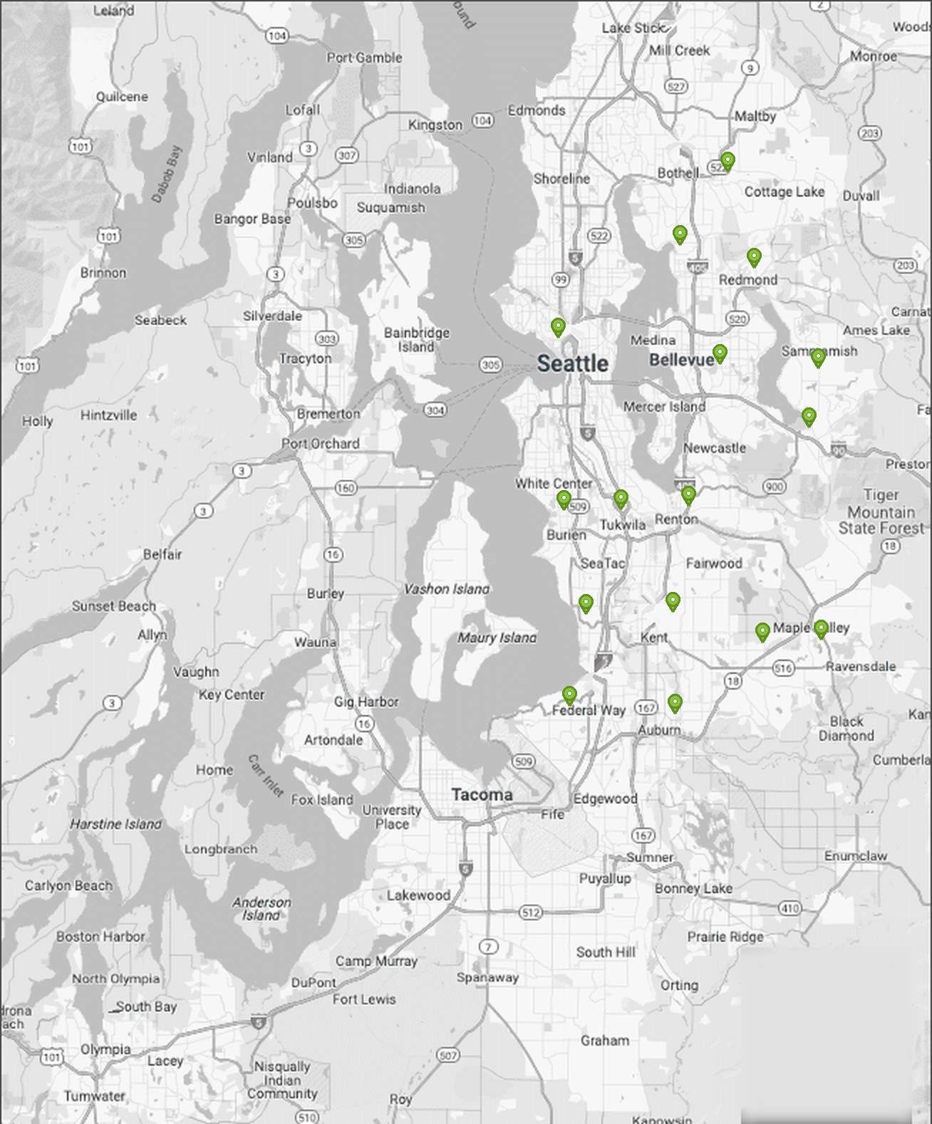 Map of King County, Washington with the seventeen cities Rainier Dumpster Rental serves marked, from Woodinville south to Auburn and east to North Bend.