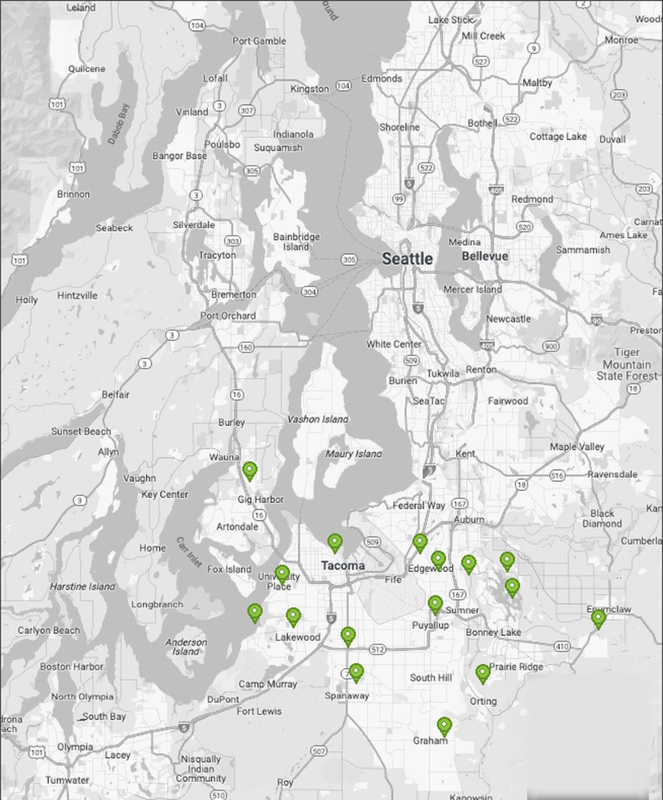 Map of Pierce County, Washington with the sixteen cities Rainier Dumpster Rental serves marked, from Gig Harbor across the Narrows east to Buckley and south to Graham.