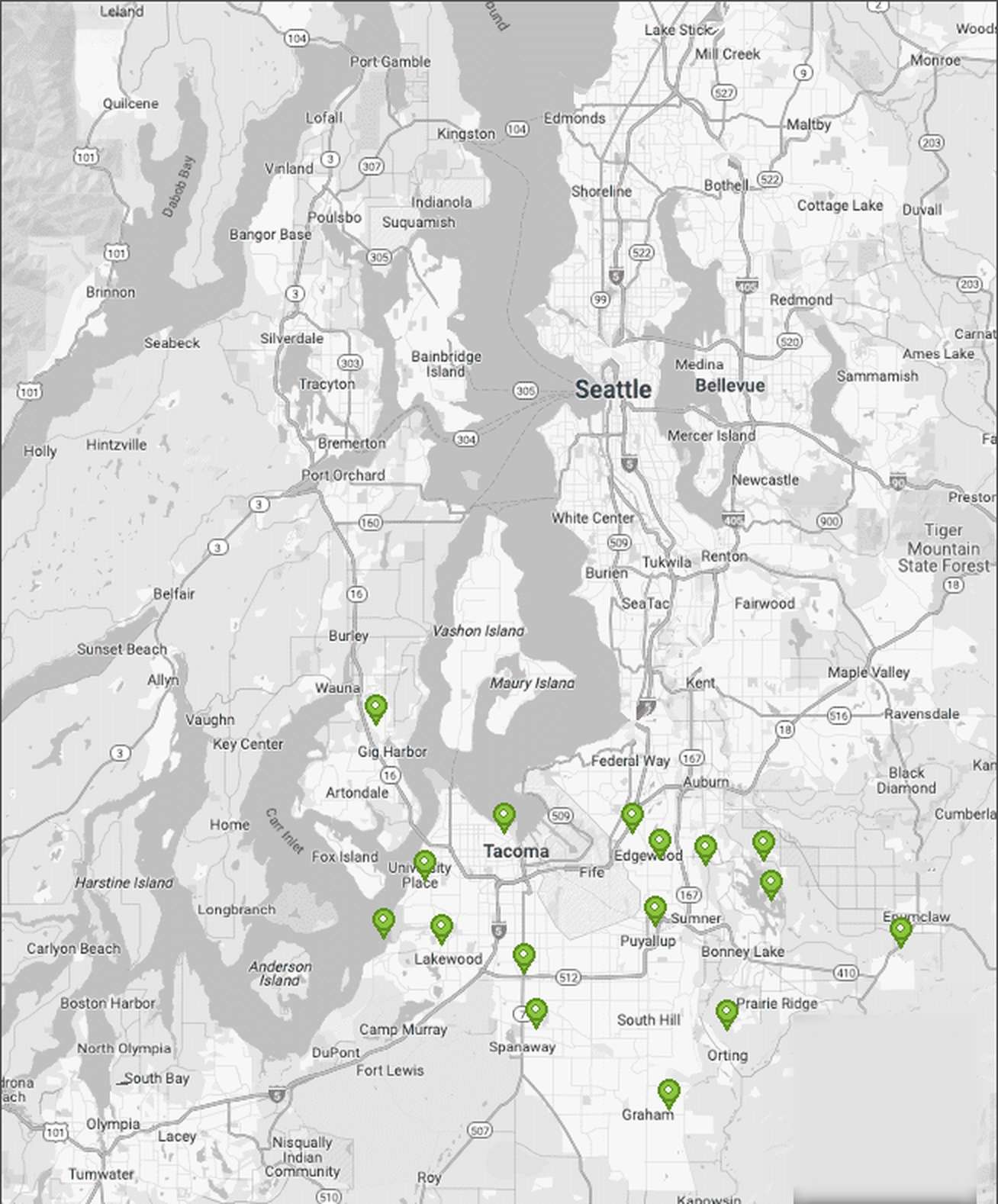 Map of Pierce County, Washington with the sixteen cities Rainier Dumpster Rental serves marked, from Gig Harbor across the Narrows east to Buckley and south to Graham.